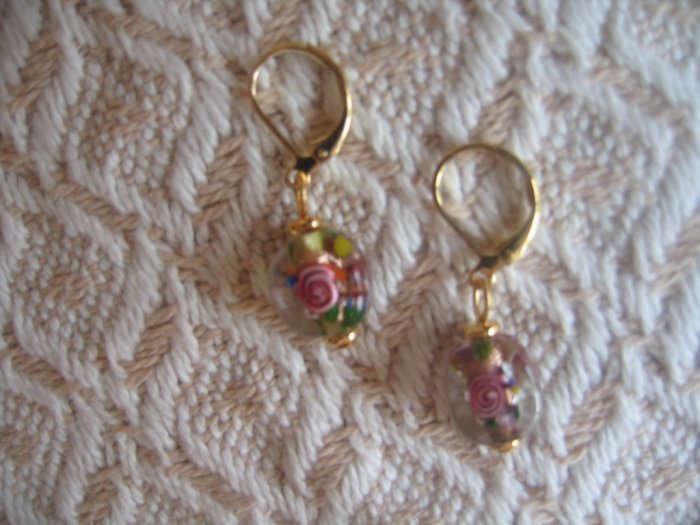 Pink Lampwork flowers earrings by Lucine - FREE sh/h