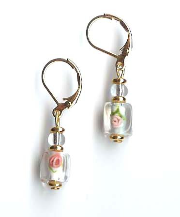 Lampwork rose earrings with 24k gold electroplated wafers - lever back - FREE sh/h