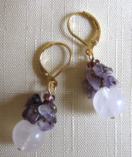 Semiprecious rose quartz with amethyst clusters fashion earrings