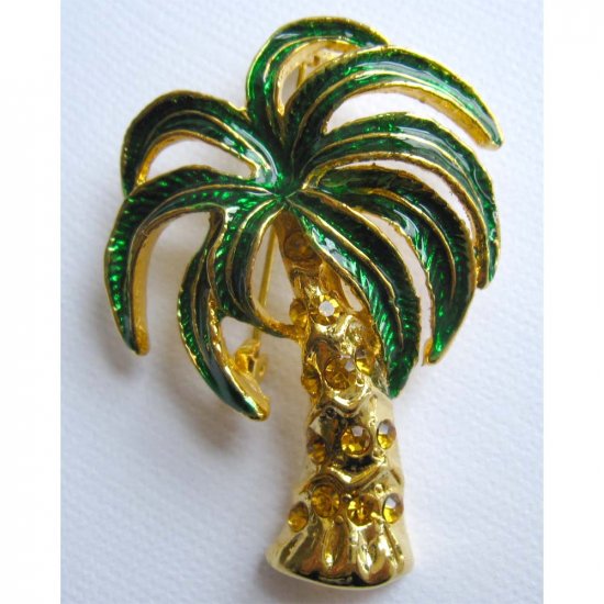 Green palm tree pin - goldtone - fashion jewelry