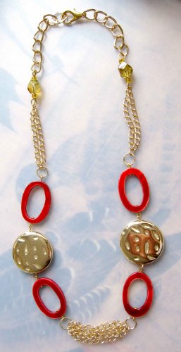 Red oval mother of pearl gold chains necklace OOAK