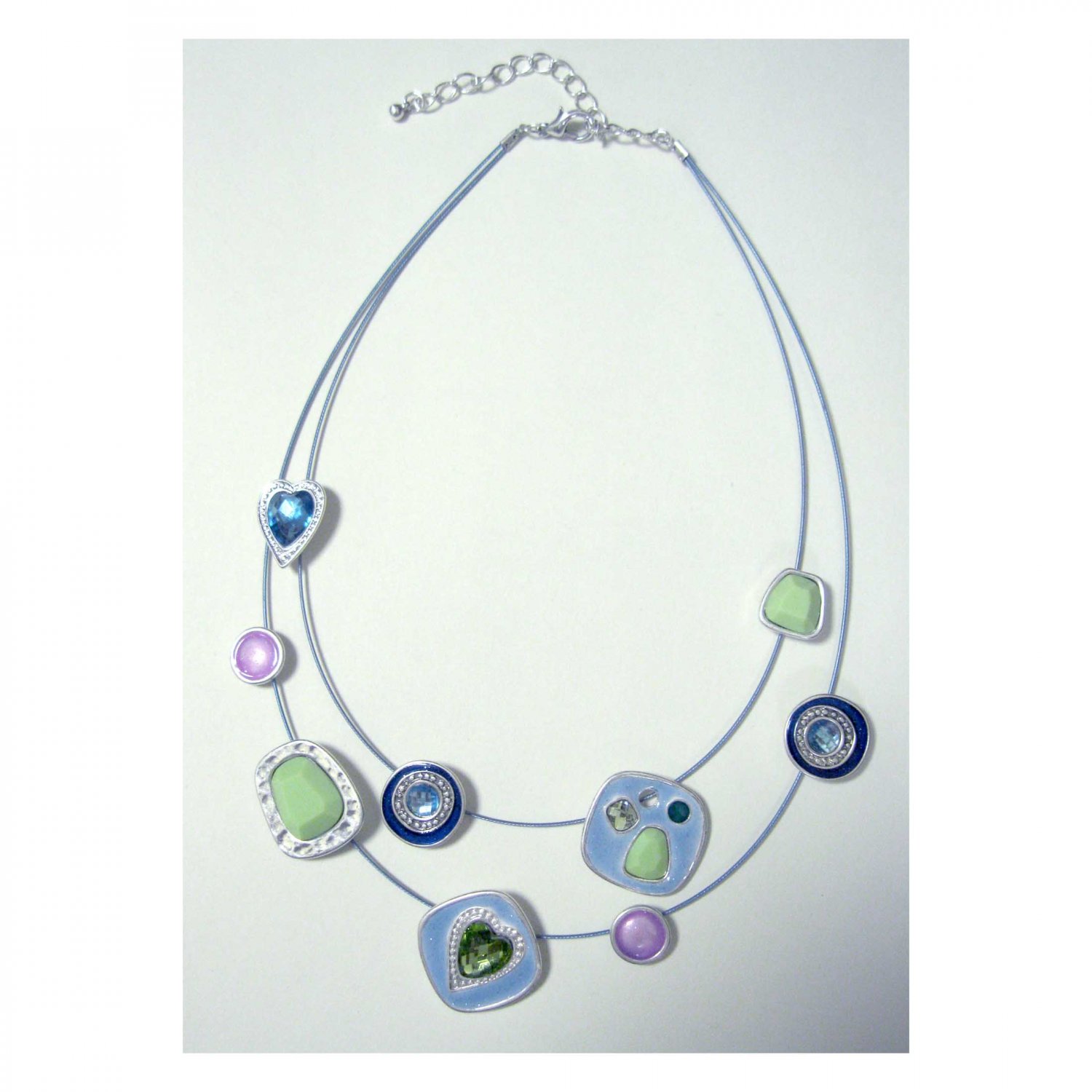 On Sale: Double row pastels statement fashion necklace in blue pink and green