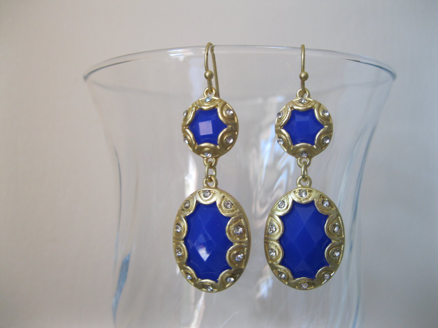 SALE: Trendy royal blue and gold with crystals drop earrings