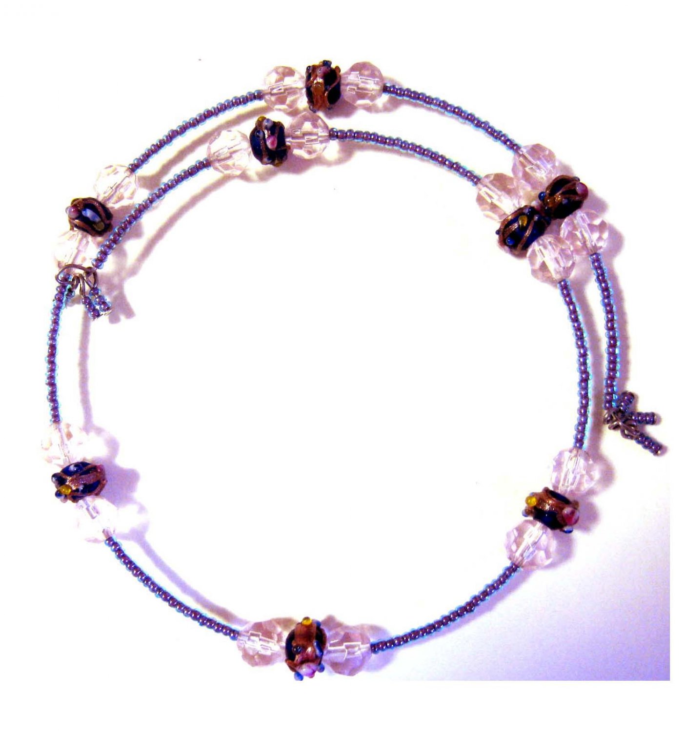 Blue and pink lampwork memory wire choker ooak