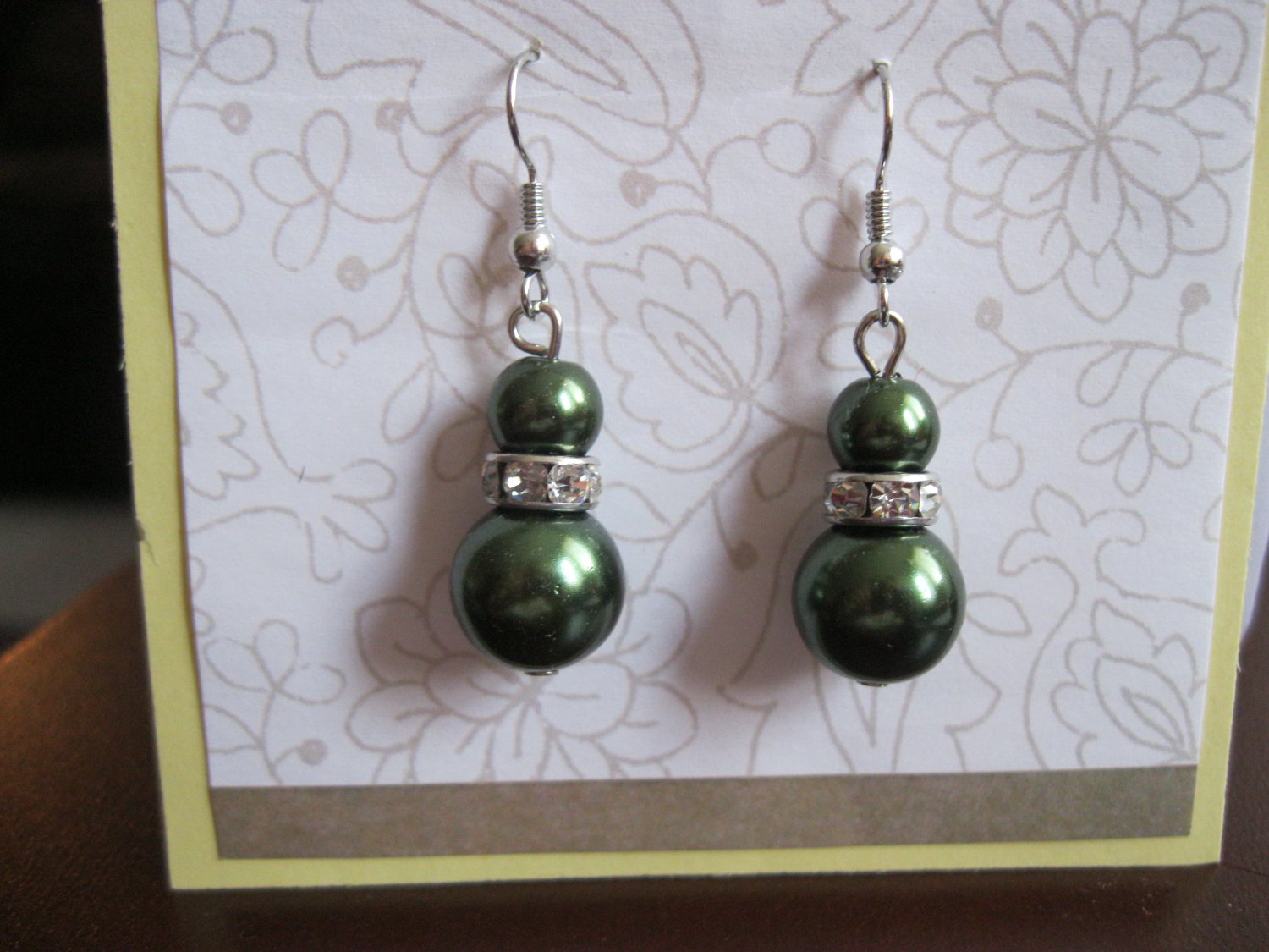 Green fashion drop faux pearl earrings with crystals