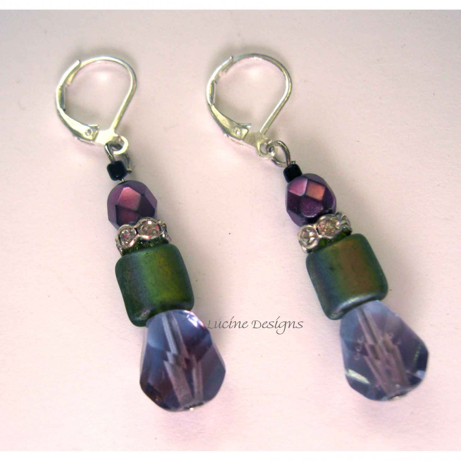 Purple, silver, green, crystal fashion lever back earrings