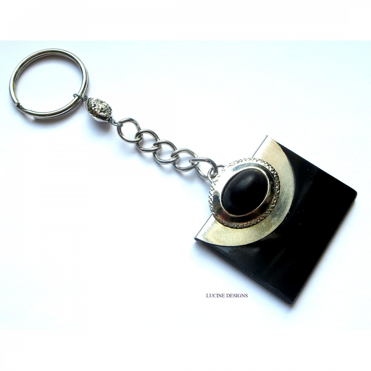 OOAK fashion keychain accessory in silver and black by Lucine Designs