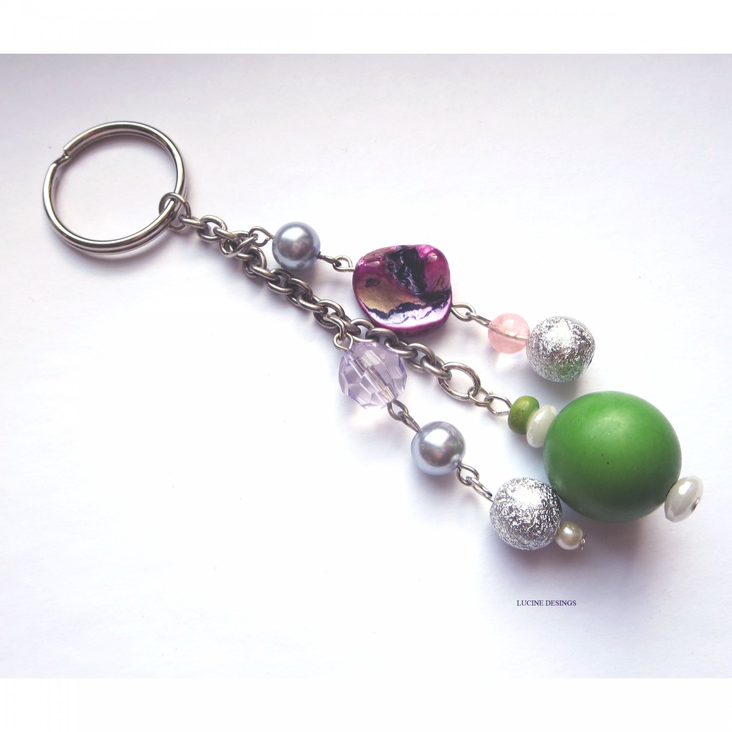 OOAK fashion keychain accessory purple green mop by Lucine Designs