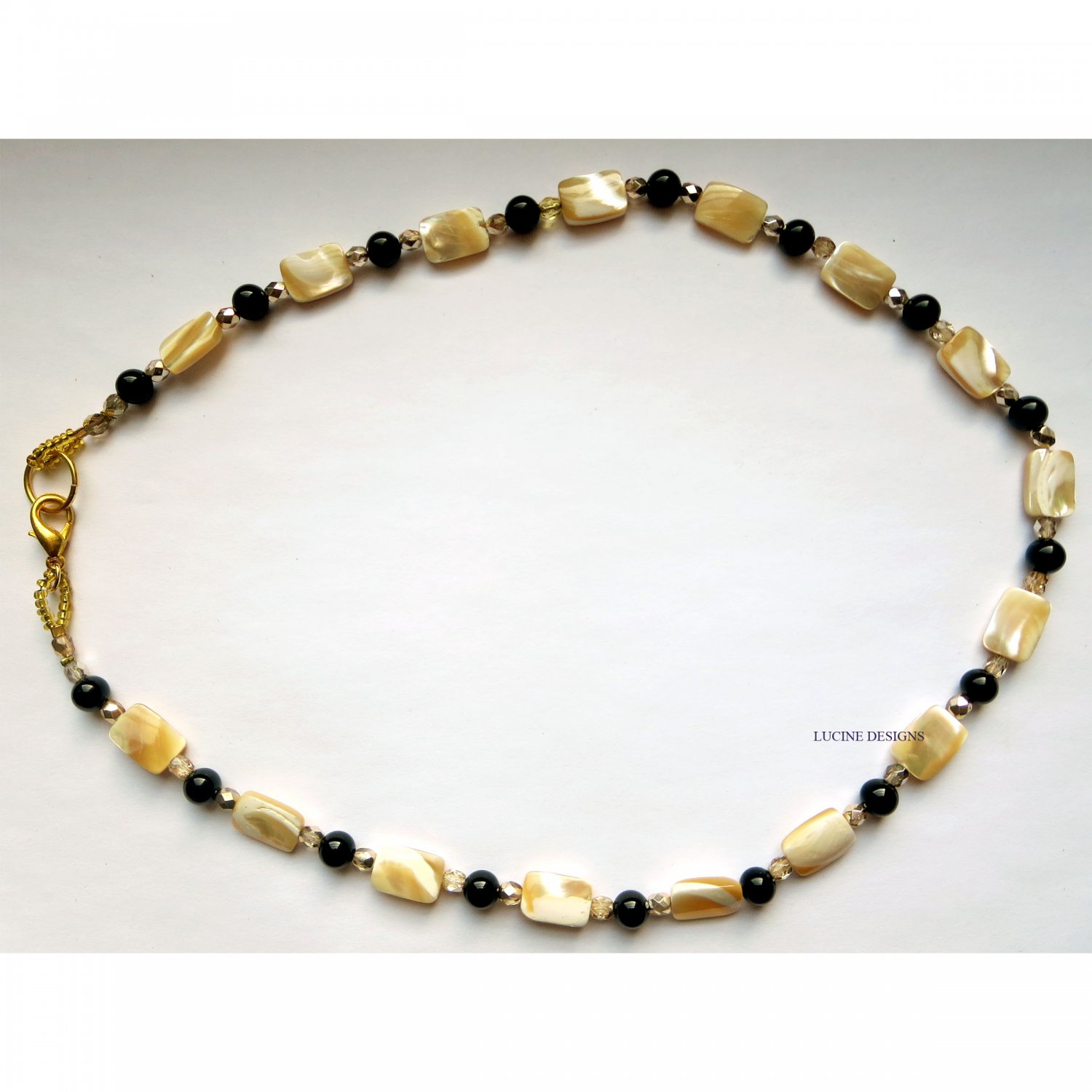 Semiprecious onyx with mother of pearl trendy long fashion necklace by Lucine