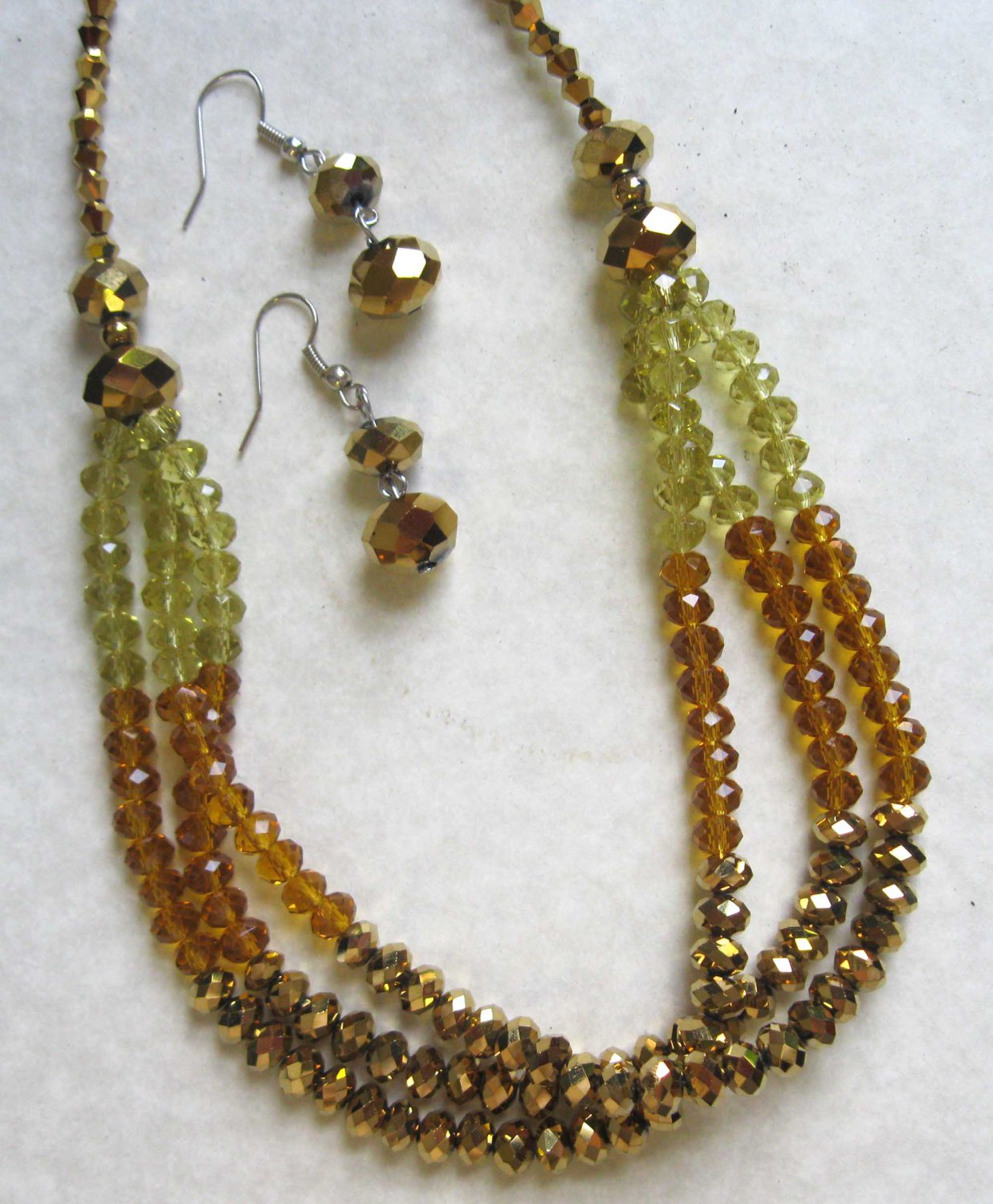 Triple row brown honey yellow fashion necklace +earrings set