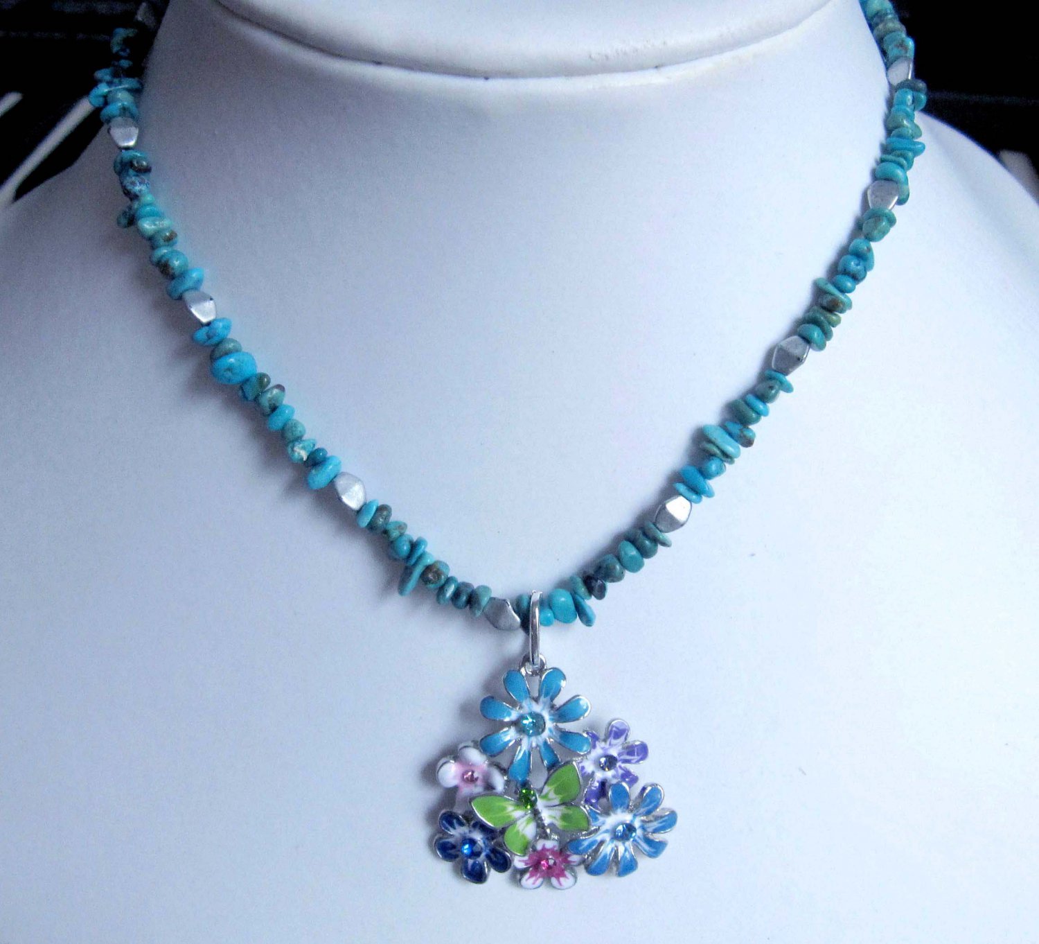 Fashion jewelry designer necklace semiprecious stone turquoise multicolour flower pendant ooak