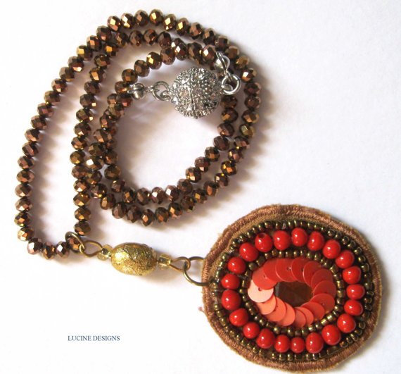 OOAK necklace fashion jewelry with orange pendant and magnetic clasp