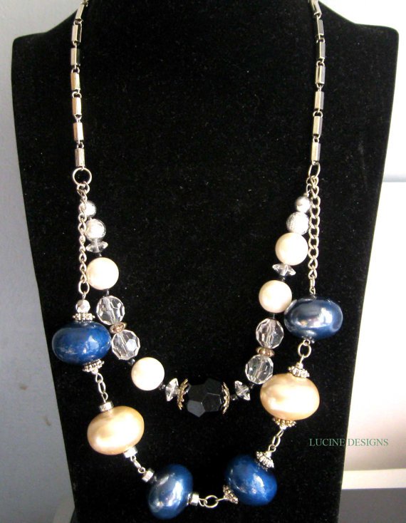 OOAK statement necklace fashion jewelry double row silver blue and white