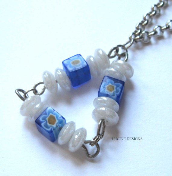 Triangle pendant necklace fashion jewelry blue lampwork and glass