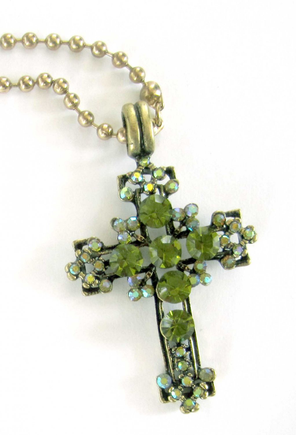 Gold necklace cross with green crystals pendant on chain
