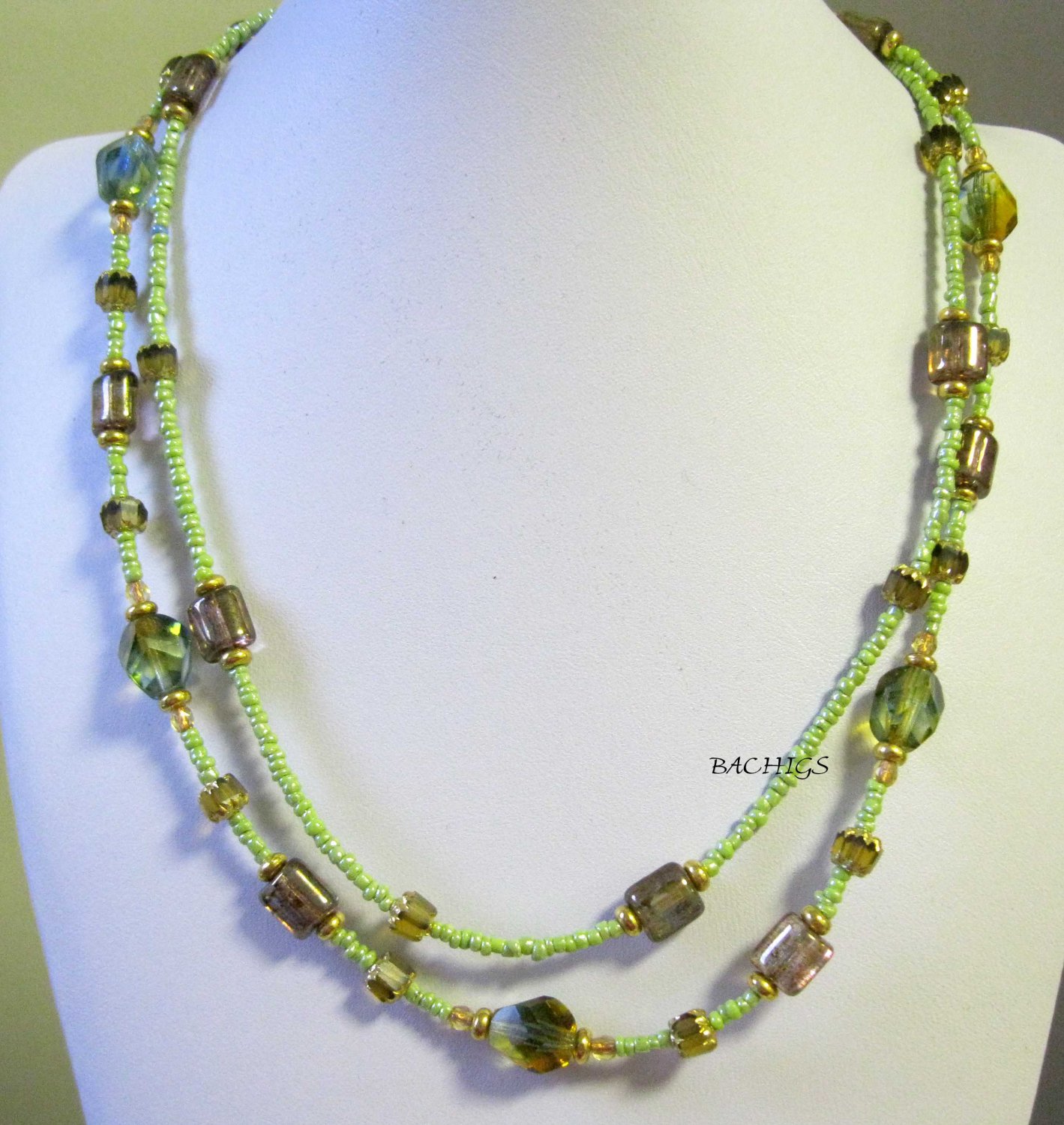 Green brown and gold fashion necklace one of a kind