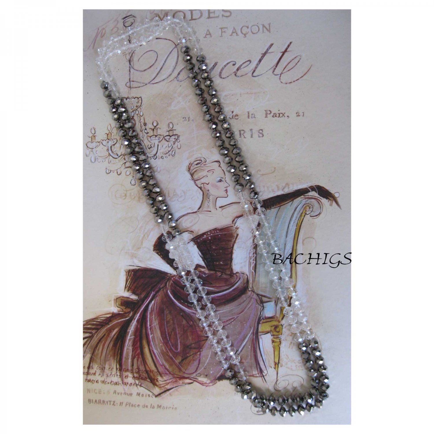 Grey and clear faceted glass long necklace fashion jewelry gift idea