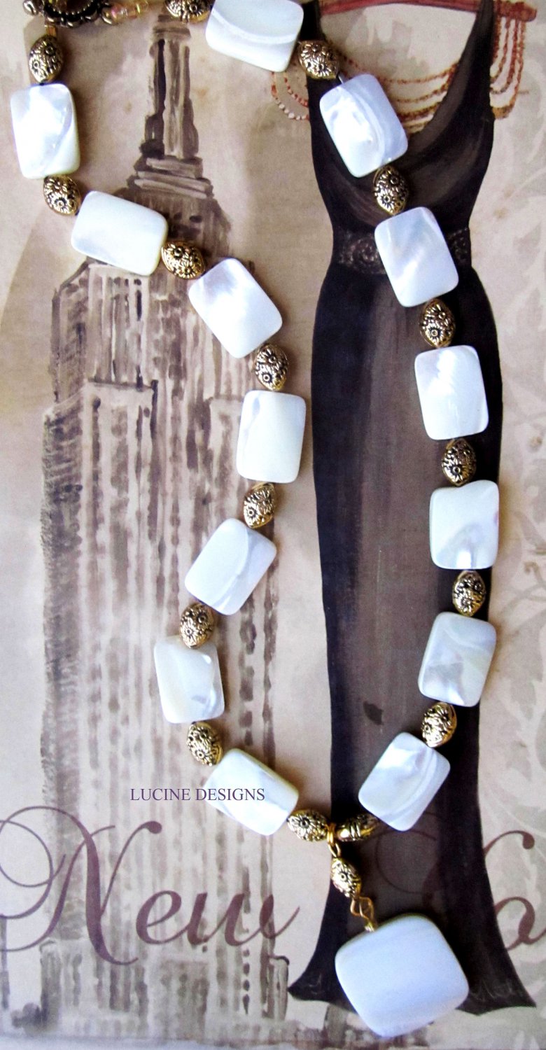 White mother of pearl necklace one of a kind jewelry by Lucine