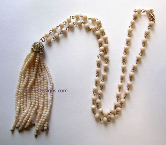 Tassel long necklace beige glass statement jewelry {2876N;2877N}