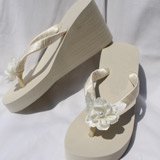 Ivory Wedge Flip Flops Beach Wedding Sandals with Large Satin Flower