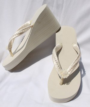 Ivory Wedge Flip Flops Beach Wedding Sandals with Pearls and Flower