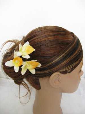 3 YELLOW Wedding Bridal Bridal Prom Orchid flower bobby pins hair clips