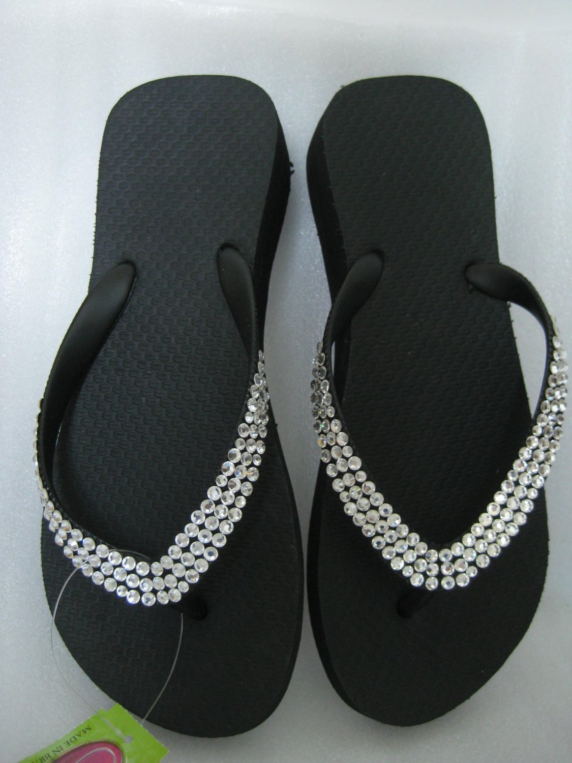 Embellished Swarovski Crystal wedge flip flops Black White Sz 7