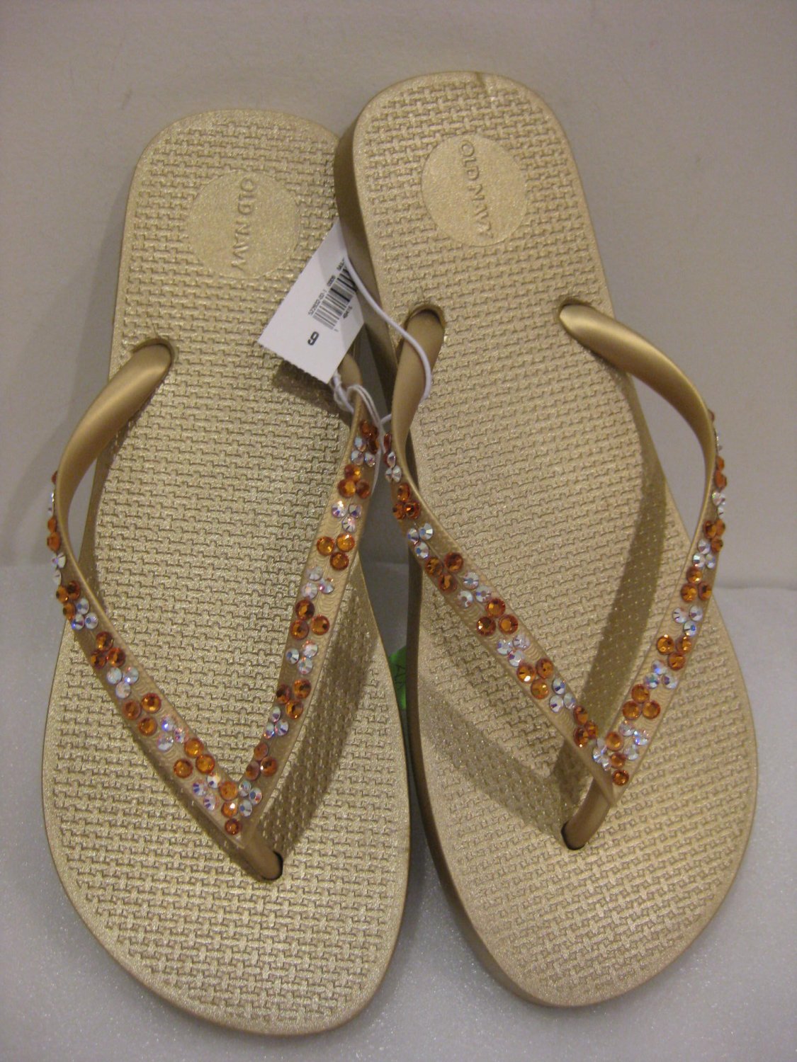 Embellished Swarovski Crystal Flat flip flops Size 9 Gold