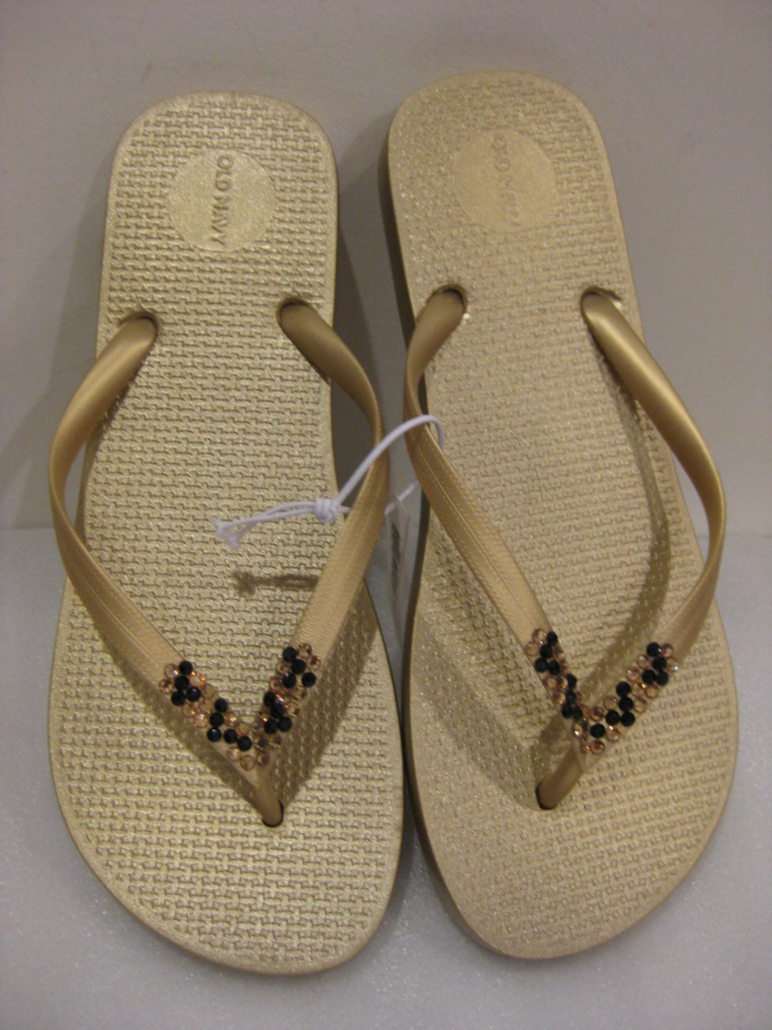 Embellished Swarovski Crystal METALLIC GOLD Flat Flip Flops SMOKE Topaz Leopard Style Sz 9