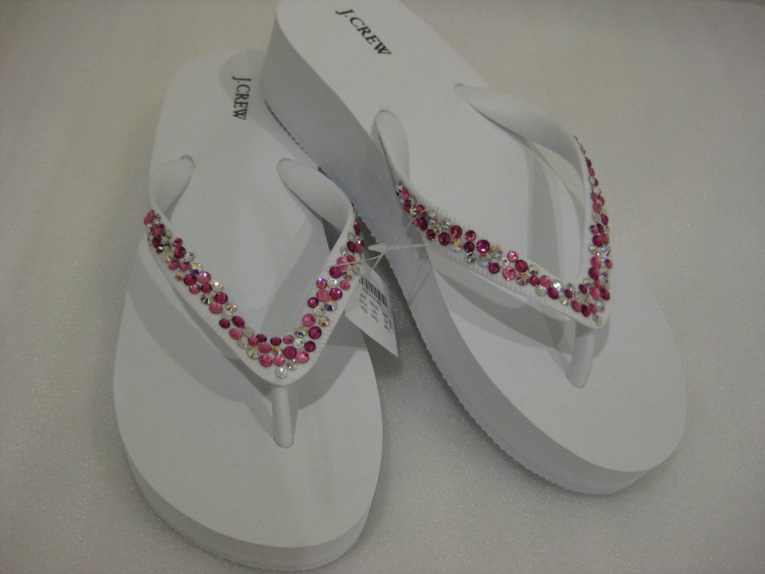 Embellished Swarovski Crystal J. CREW wedge flip flops Size 8M WHITE PINK