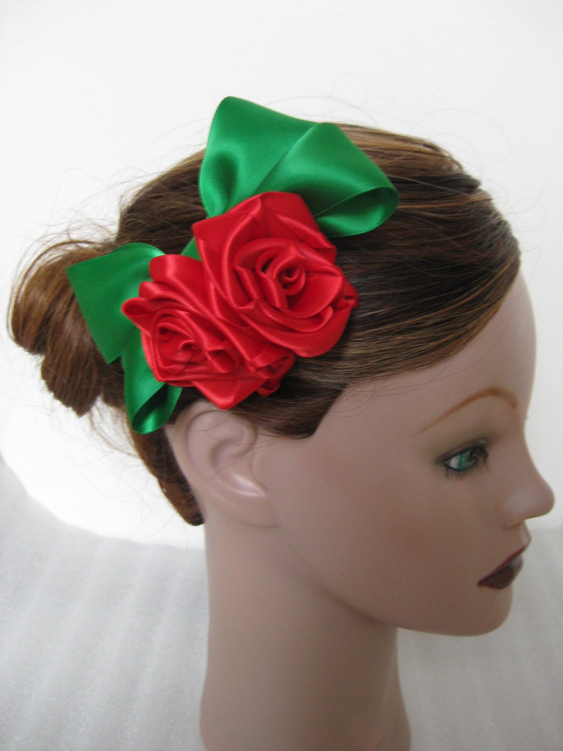 Girls Ladies Christmas GREEN RED Satin Rose Hair Bow Clip Barrette