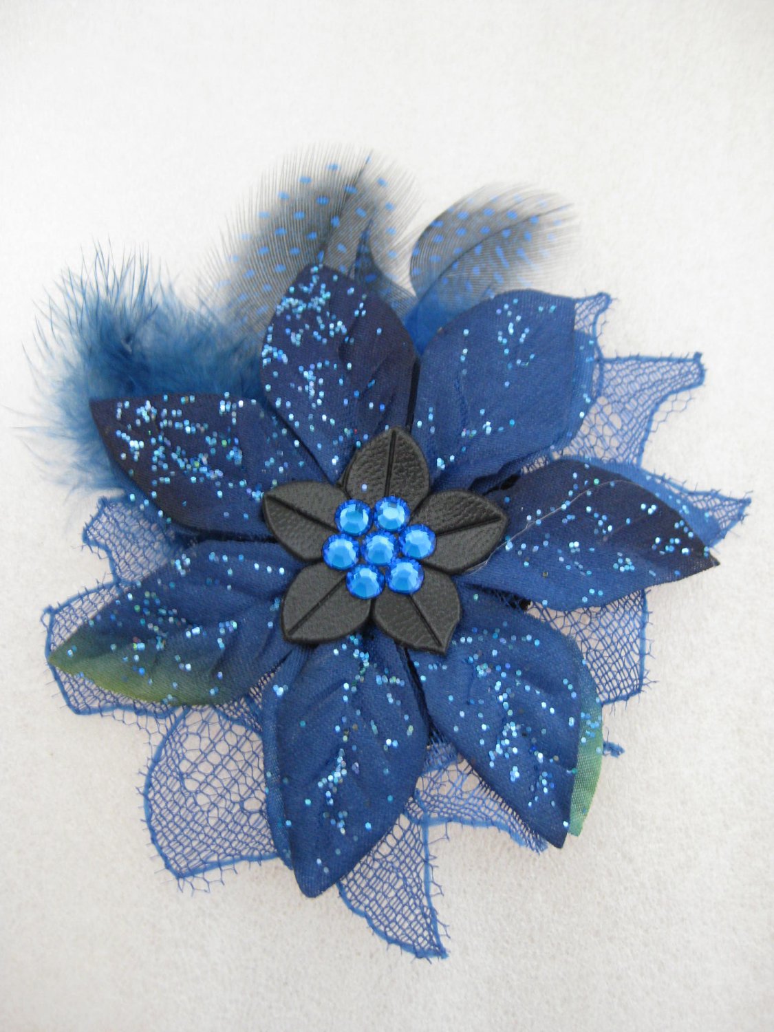 ROYAL BLUE Christmas Crystal Feather Lace Poinsettia Flower Fascinator Hair Hat Clip