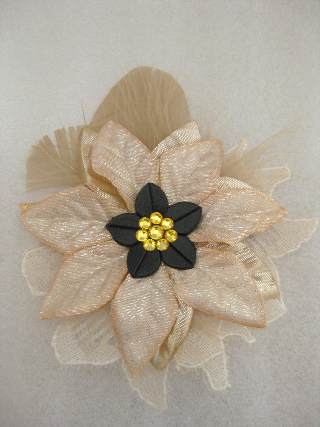 Gold Tan Christmas Crystal Feather Lace Poinsettia Flower Fascinator Hair Hat Clip
