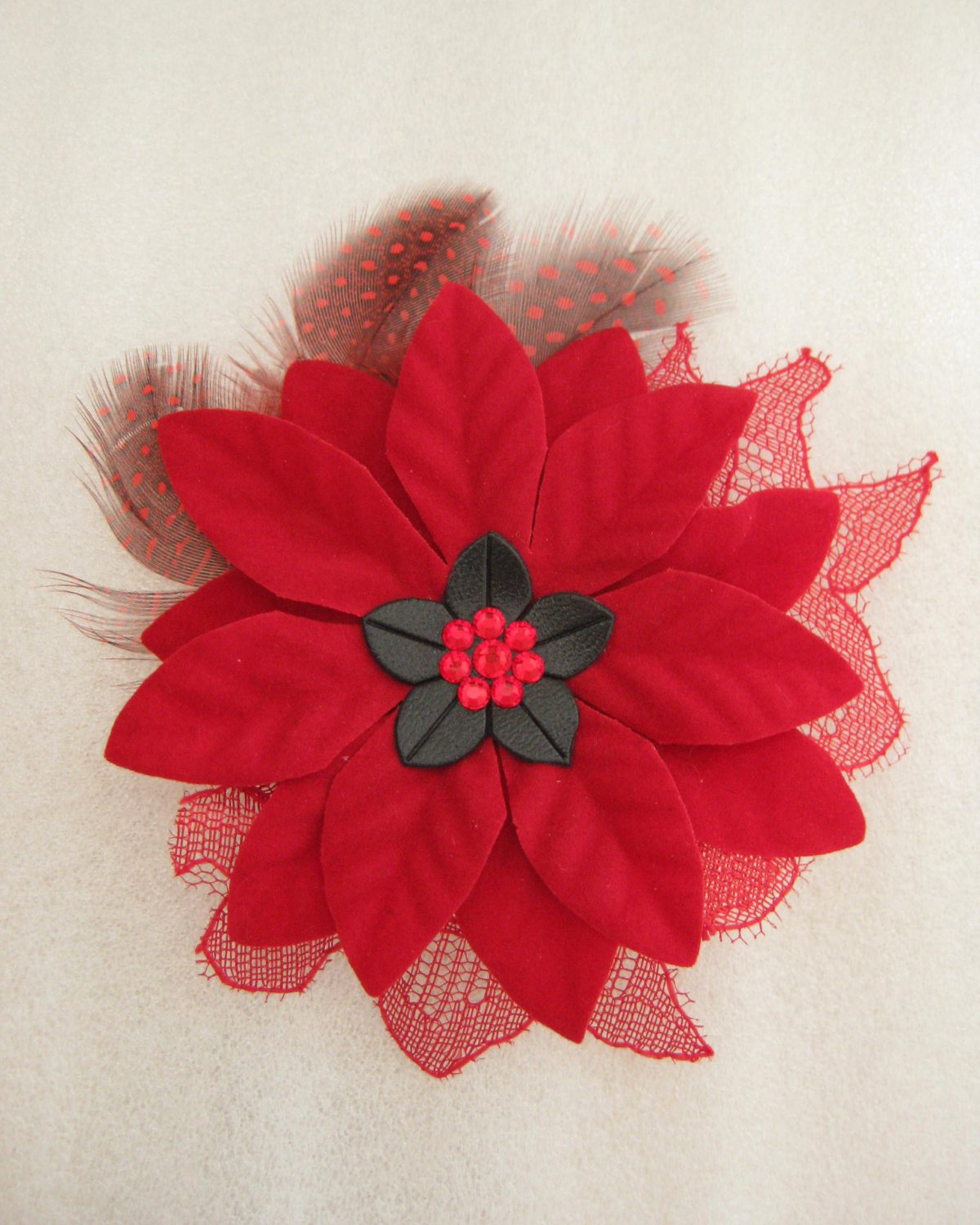 RED Christmas Crystal Feather Lace Poinsettia Flower Fascinator Hair Hat Clip