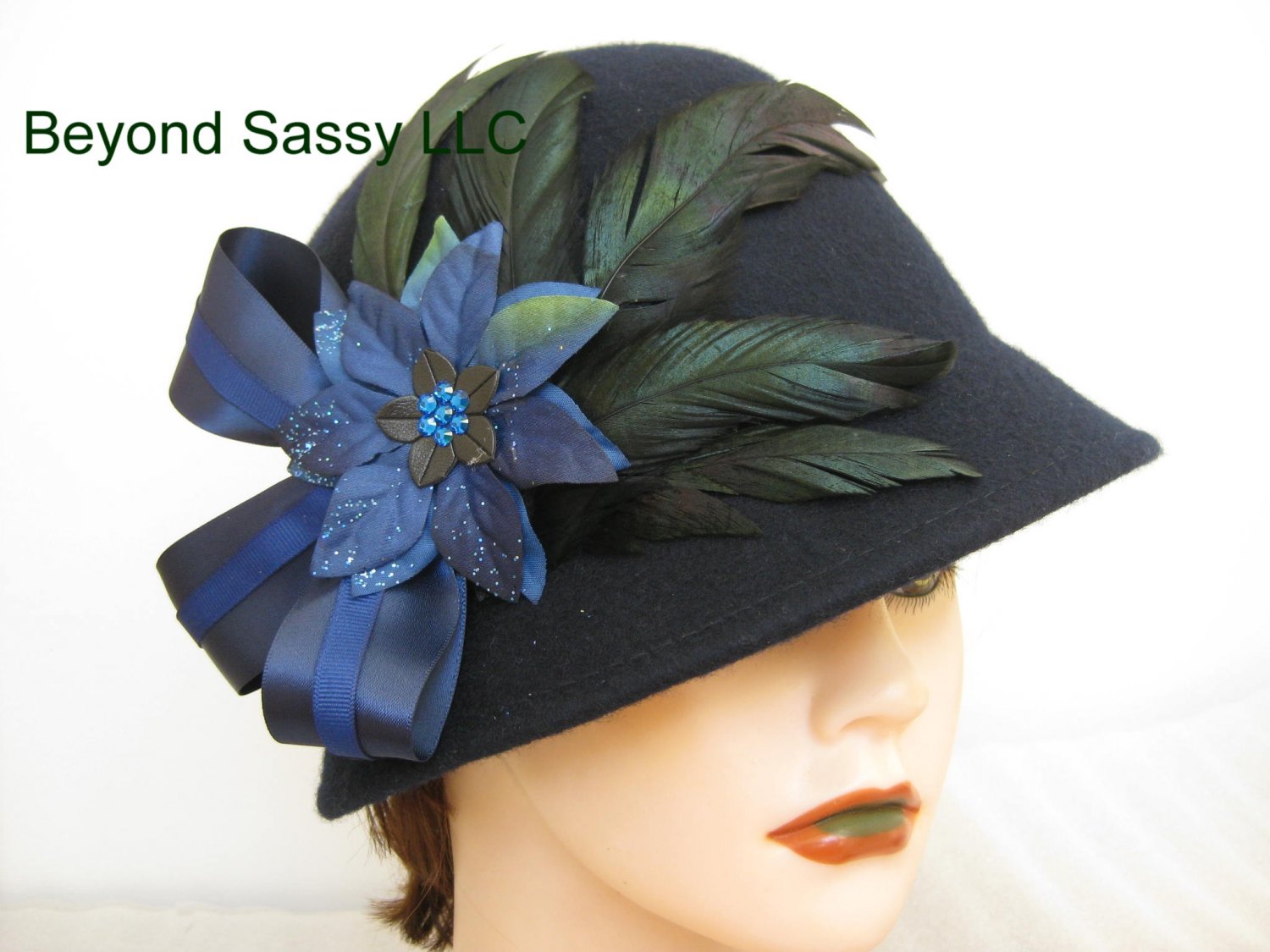 Navy Blue Chrismas Crystal Poinsettia Flower Cloche Derby Church Wool Hat