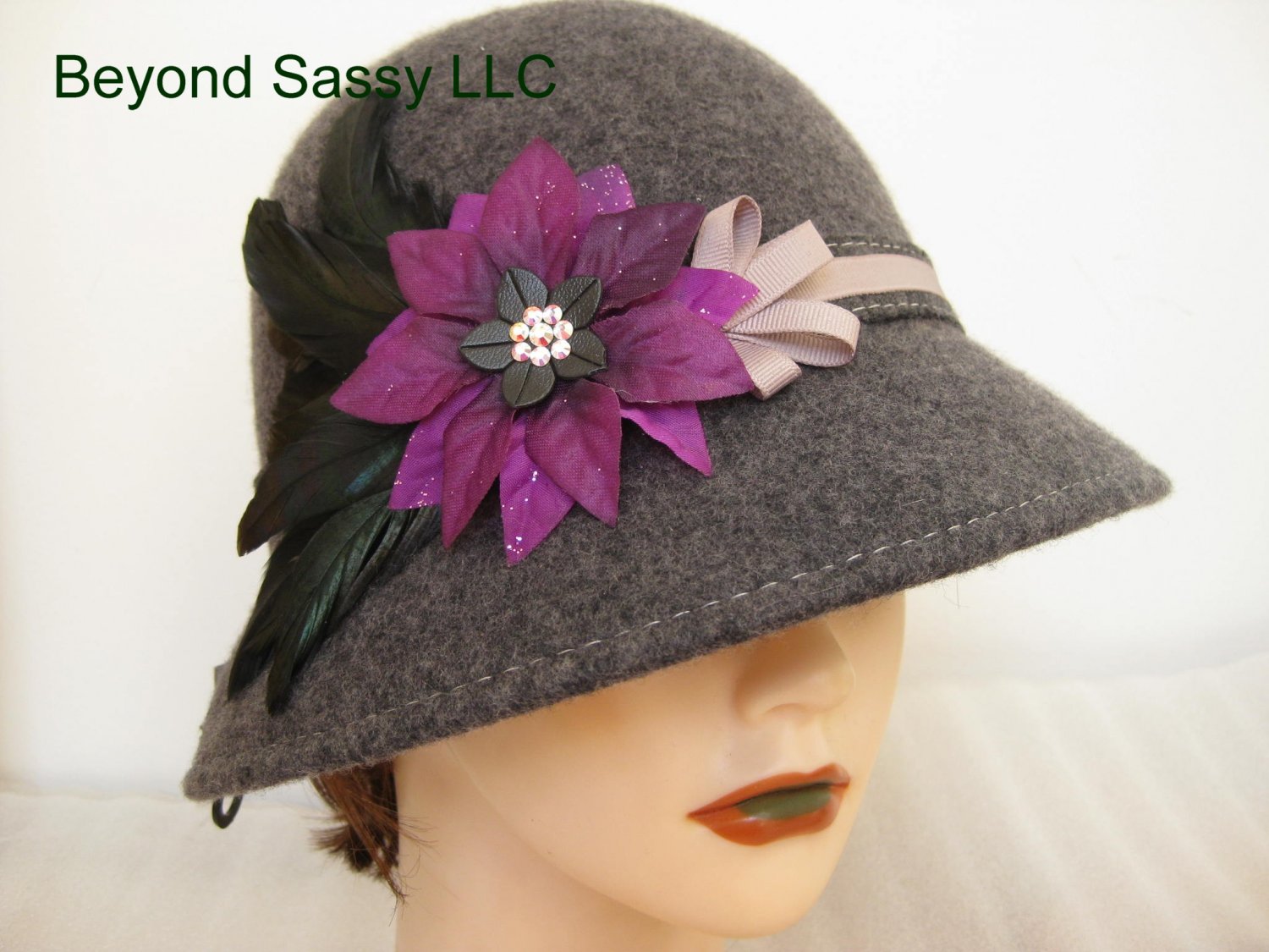 Charcoal Grey Purple Chrismas Crystal Poinsettia Flower Cloche Derby Church Wool Hat