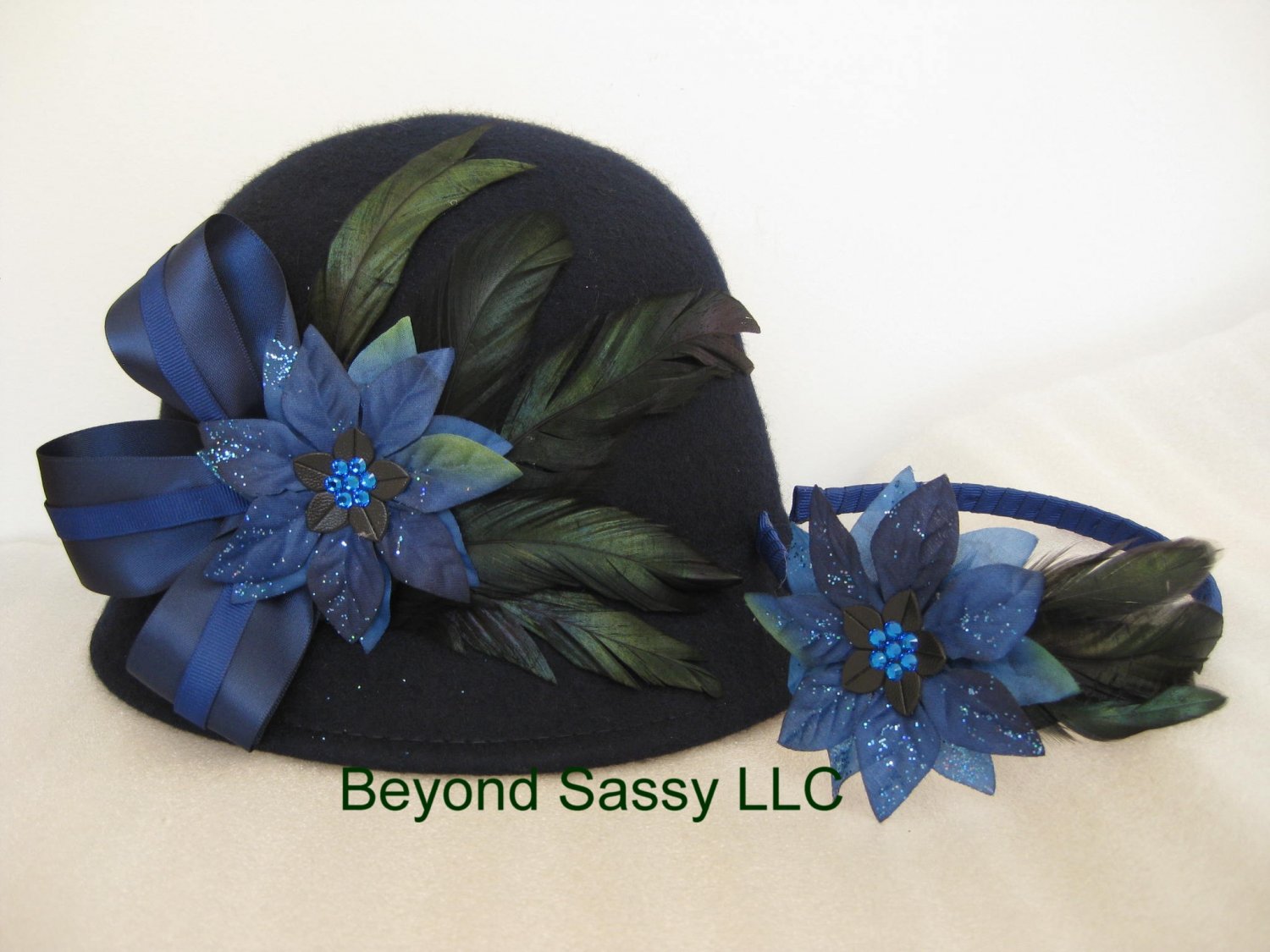 Mother Daughter Navy Blue Chrismas Crystal Poinsettia Flower Cloche Derby Church Wool Hat & Headband