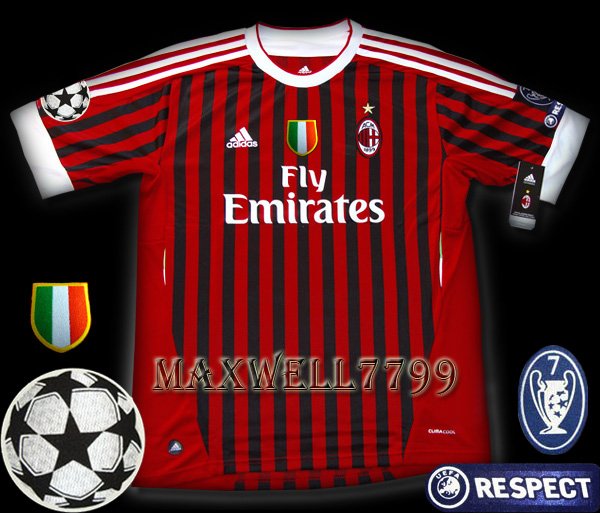 NEW 11-12 AC MILAN HOME BLANK ALL 4 PATCHES SOCCER SHIRT JERSEY