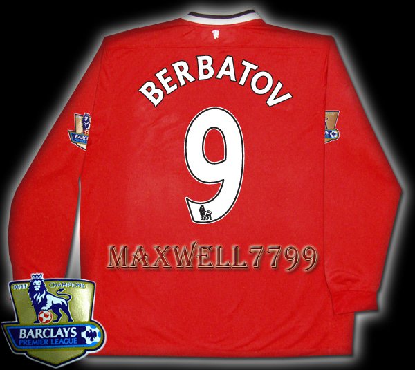 NEW 11-12 MANCHESTER UNITED HOME BERBATOV 9 CHAMP PREMIER PATCH LS SOCCER SHIRT JERSEY