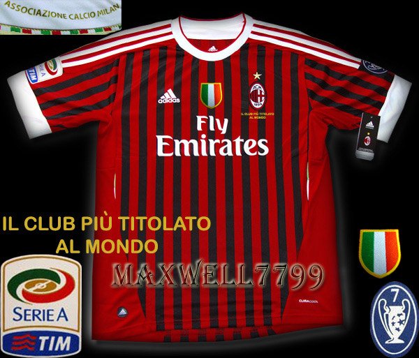 NEW 11-12 AC MILAN HOME BLANK CALCIO+TROPHY 7 FULL ALL PATCH SOCCER SHIRT JERSEY