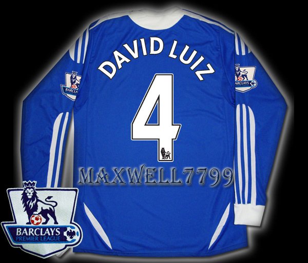 NEW 11-12 CHELSEA HOME DAVID LUIZ 4 PREMIER PATCH SOCCER SHIRT LS JERSEY