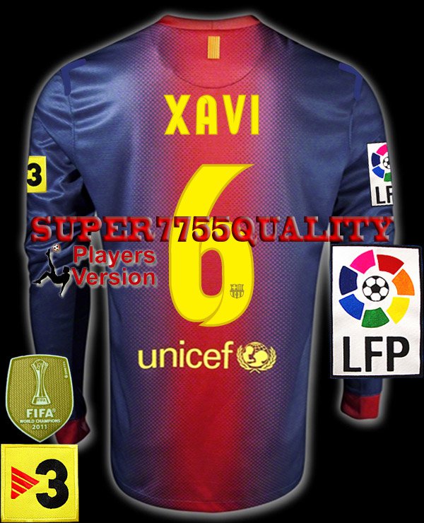 PLAYER VERSION 12-13 BARCELONA HOME XAVI 6 LFP+TV3 PATCH LS SOCCER SHIRT JERSEY