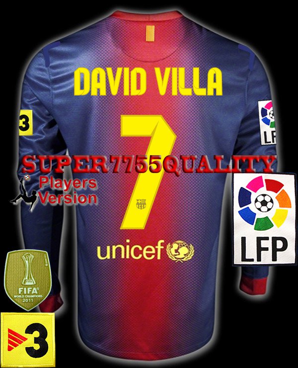 PLAYER VERSION 12-13 BARCELONA HOME DAVID VILLA 7 LFP+TV3 PATCH LS SOCCER SHIRT JERSEY