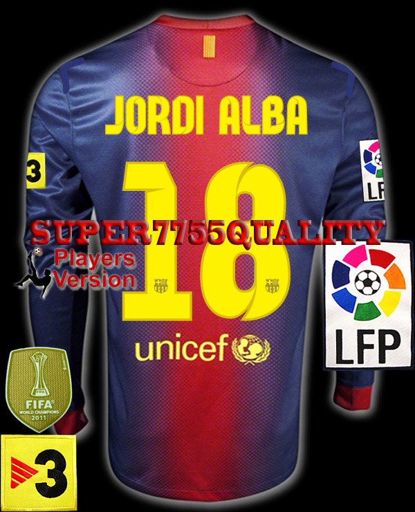 PLAYER VERSION 12-13 BARCELONA HOME JORDI ALBA 18 LFP+TV3 PATCH LS SOCCER SHIRT JERSEY