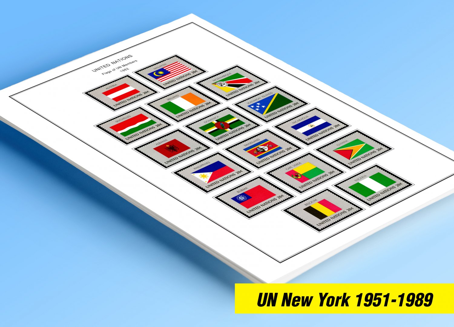 COLOR PRINTED UNITED NATIONS - NEW YORK OFFICES 1951-1982 STAMP ALBUM PAGES (43 illustrated pages)