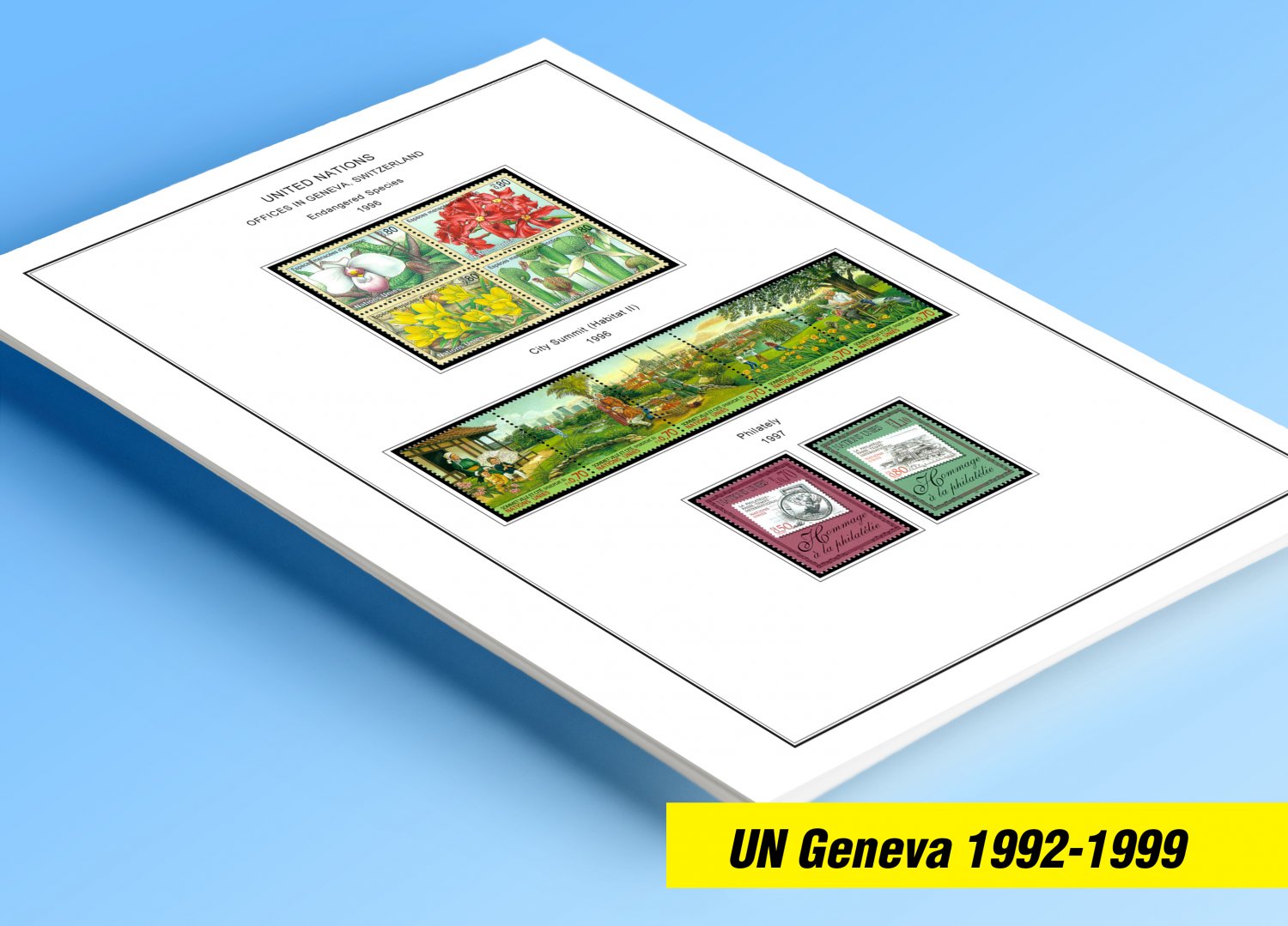 COLOR PRINTED UNITED NATIONS - GENEVA OFFICES 1992-1999 STAMP ALBUM PAGES (30 illustrated pages)