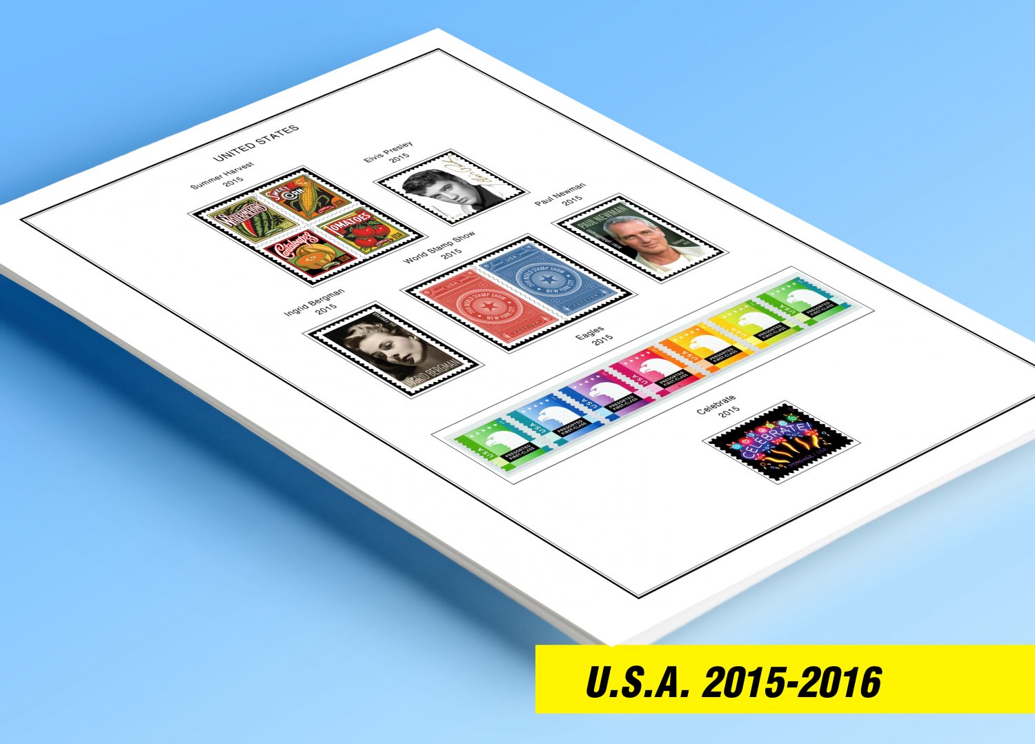 COLOR PRINTED U.S.A. 2015-2016 STAMP ALBUM PAGES (15 illustrated pages)