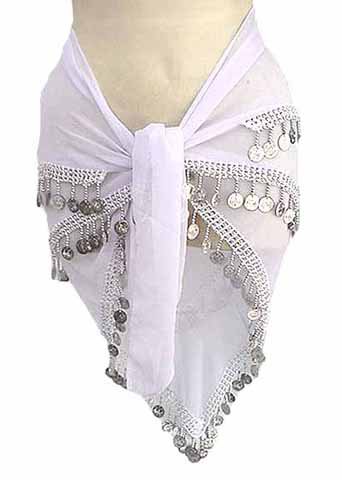 White Belly Dancing Hip Scarf 4 Line with Beads and Coins