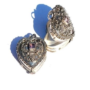 Sterling Silver Heart Shape Prayer Box or Urn Pendant with Amethyst