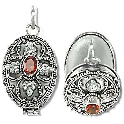 Sterling Silver Hand Made leaf design Prayer Box or Urn Pendant w/ Garnet